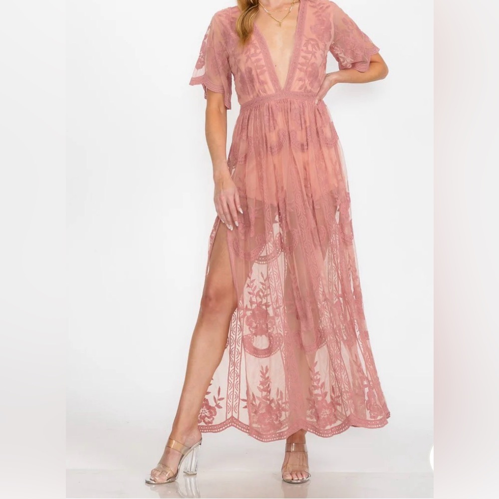Elegant Pink Lace Maxi Dress - (Multiple Sizes Available)